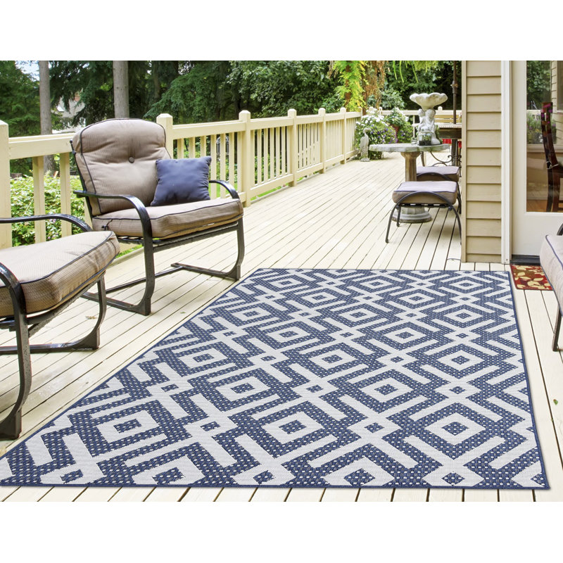 Ivy Bronx Hogansville Geometric Flatweave Navy Blue Indoor / Outdoor
